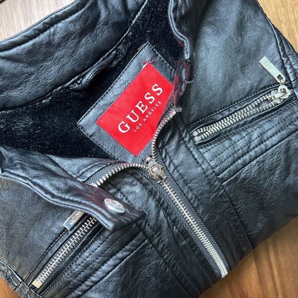 GUESS Los Angeles Faux Leather Biker Jacket Black Faux Fur Lined Women's Medium - Picture 8 of 8